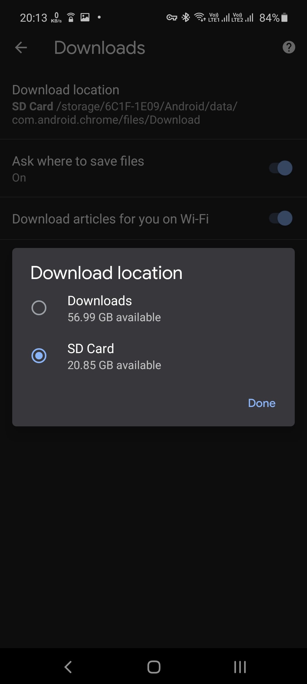 SD card selected as download location