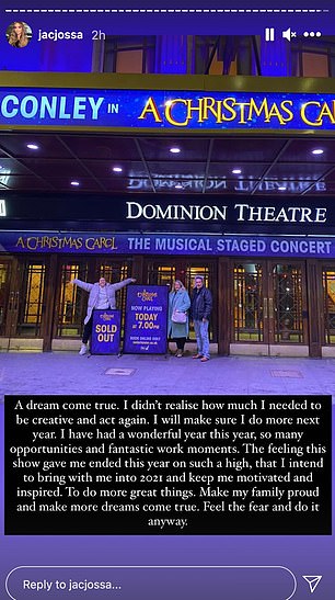 She also shared a snap outside the theater and said:'Dreams come true. I didn't realize I needed to be creative and act again. I will confirm that I will do more next year. This year was a wonderful year. There were many opportunities and great work moments.Jacqueline Josa 